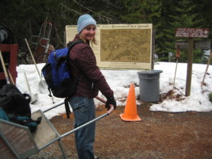 At Breitenbush Hot Springs, guests use these big carts to haul their overnight gear to the cabins down the path.  We had a little trouble navigating the snow, but Lisa is hardcore and conquered the challenge